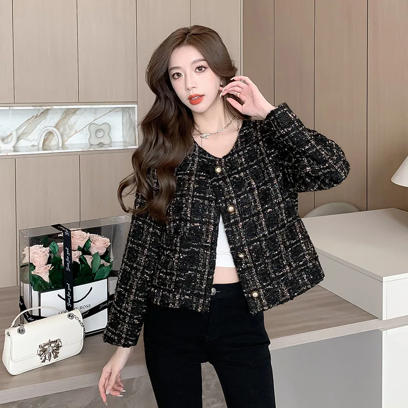 

Autumn Winter New Black Jackets Temperament Round Neck Single Breasted Fragrant Casual Tweed Coat Women