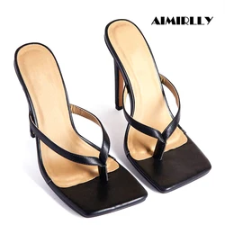 Women’s Square Toe Thong Mule Sandals, Slip-On High Heel Y-Strap Party Mules