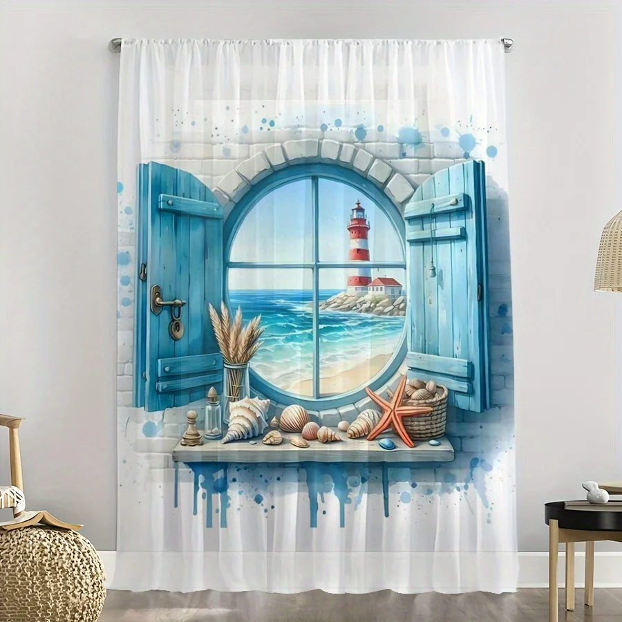 1PC Sheer Curtain, Watercolor Coastal Nautical Lighthouse Seashell Window Print, Rod Pocket Sheer Drapes for Bedroom Living Room