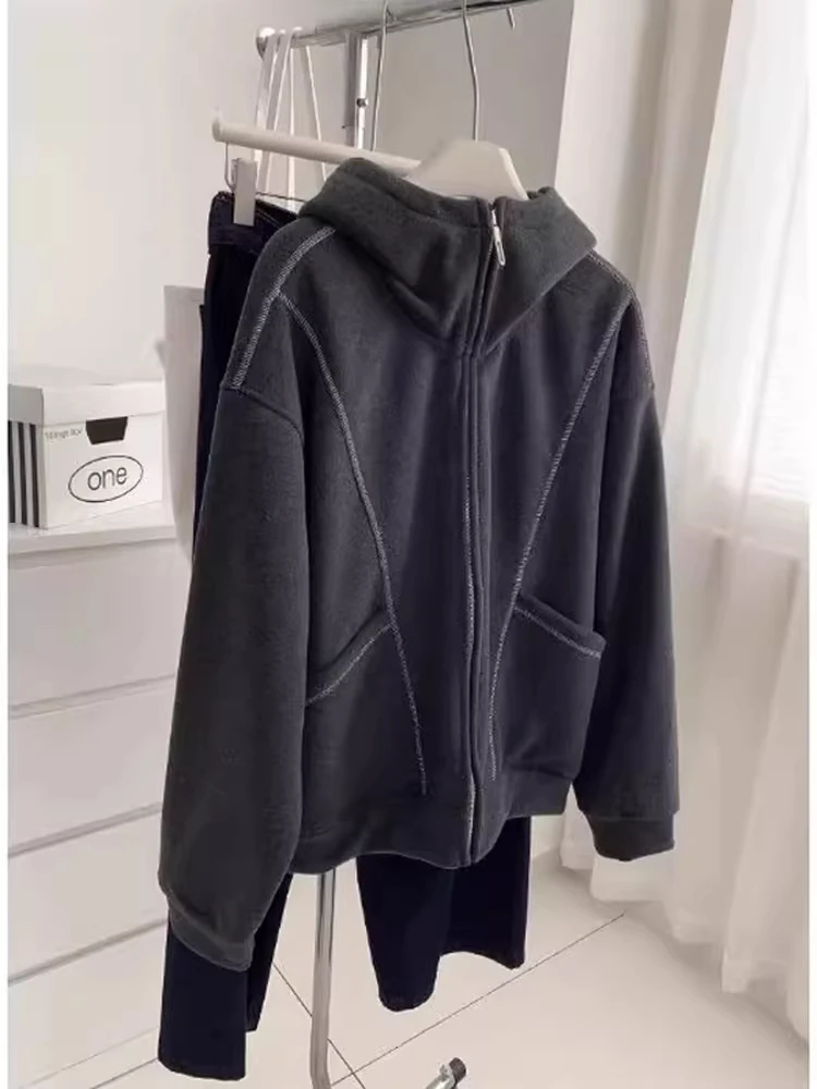 

plus Size 300 Pounds American Casual Sports Hoodie Women's Autumn Winter Design Fleece Zipper Open Cardigan Jacket