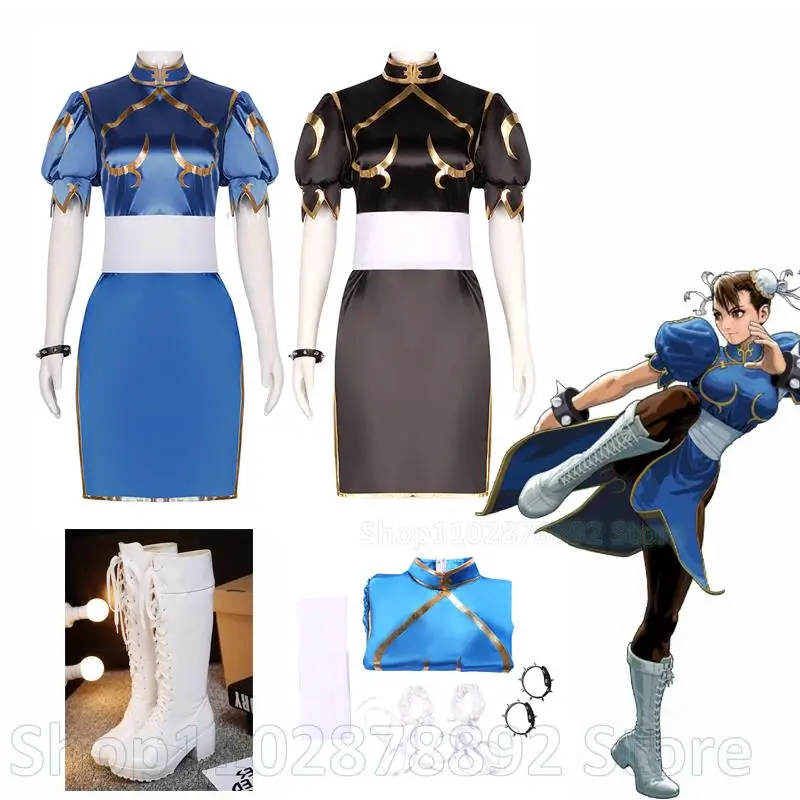 

Chun Li ChunLi Cosplay Blue Black Dress Costume Game SF RolePlay Skirt Outfit Women Sexy Kungfu Halloween Party Suit Shoes Boots