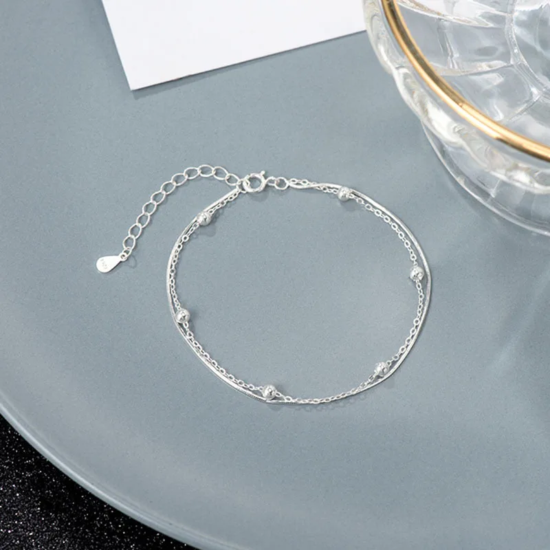 

New 925 Sterling Silver Snake Bone Chain Glossy Beads Double Layer Bracelet for Women Fine Jewelry Wedding Party Gift