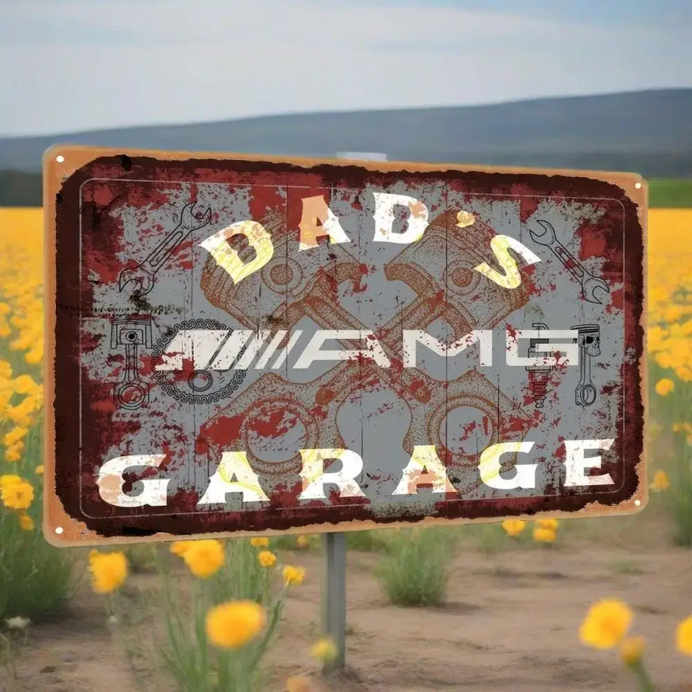 

'Dad's AMG Garage' Rustic Iron Art | 2D Flat Weathered Finish Decor for Home & Bars