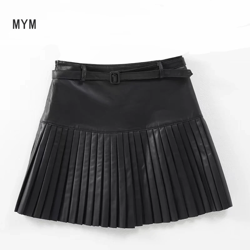 Mini Pleated Genuine Leather Skirt Women 2025 Spring Preppy Style High Waist Sashes Pleated Jupe Female Black/Wine red