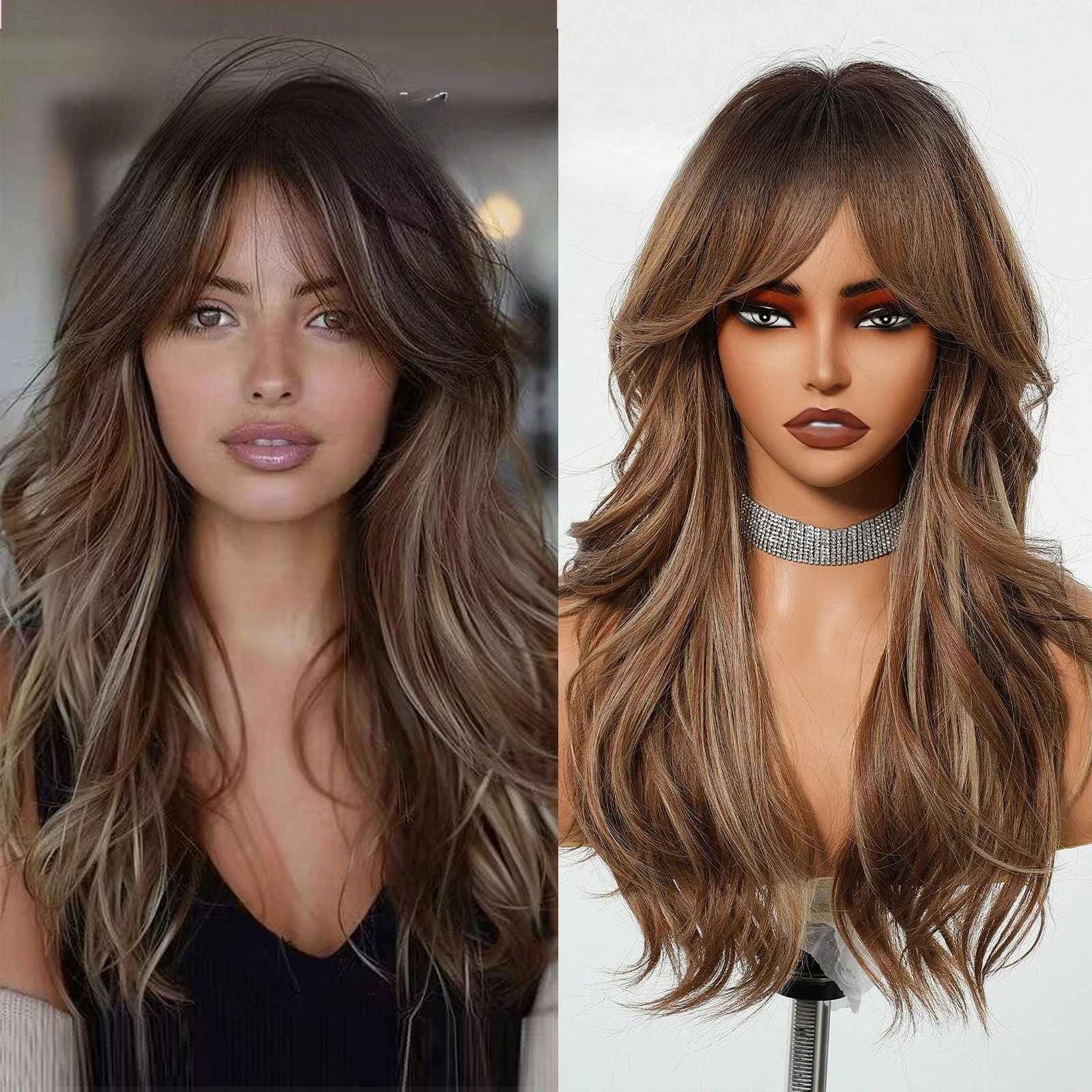 

Wig full head female brown gold gradual change rose mesh mechanism eight character bangs fashion long curly hair