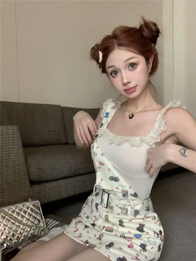 Y2K épicé fille dessin animé imprimé Denim salopette femmes été pur désir gilet t-shirt haut Dr ensemble a-ligne jupe ort Sve