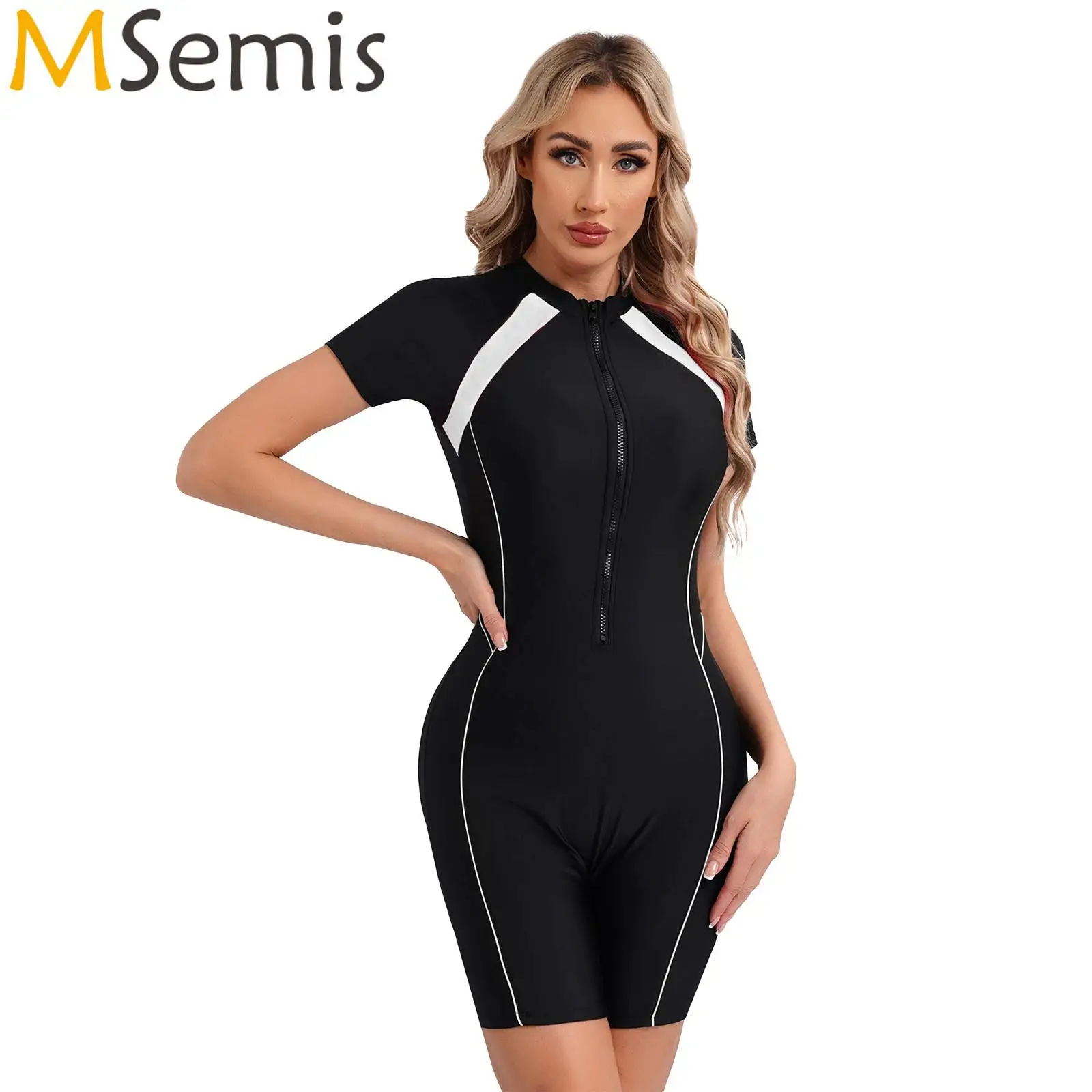 

Womens One-piece Athletic Swimsuit Short Sleeve Padded Boyleg Zipper Water Sport Swimwear UPF 50 Rash Guard Surfing Bathing Suit