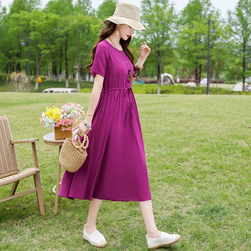 EOENKKY Women’s Plus Size Summer Midi Dress Short Sleeve Round Neck Drawstring Waist Casual A-Line Dress XL-5XL