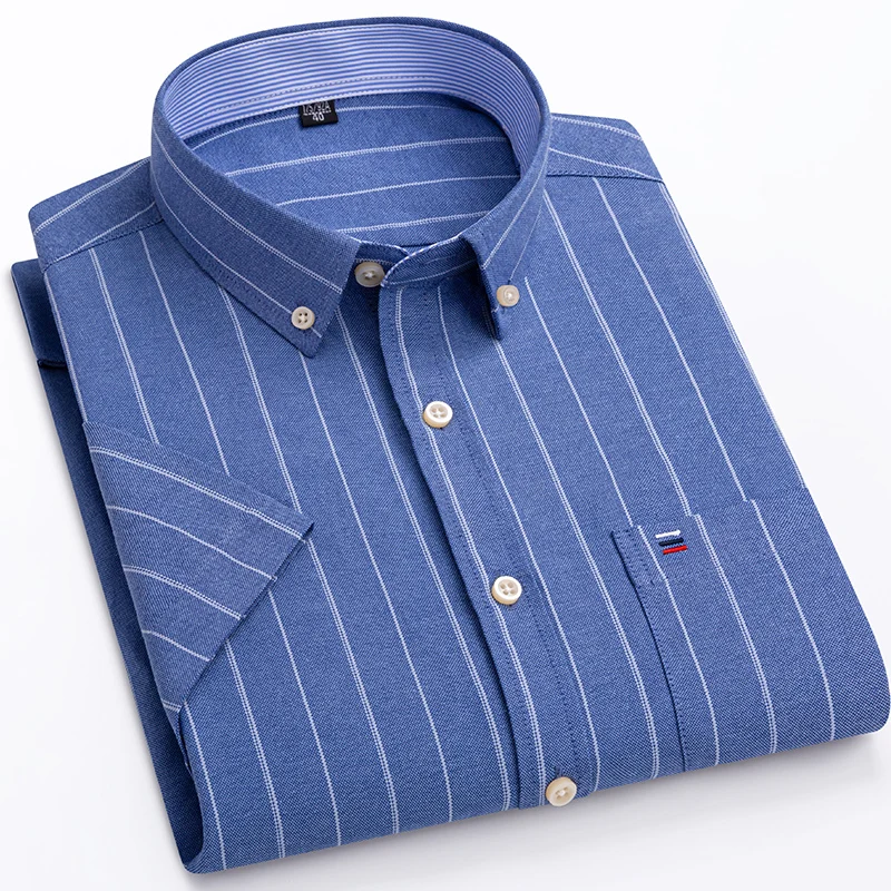 100%Pure Cotton Oxford Men's Shirts Short Sleeve Plaid Soft Regular Fit Formal Dress Shirt Social Blouse Male Clothes Pocket 7XL