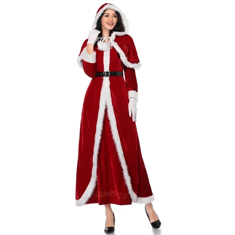 Sexy Christmas Costume Dress Women Fur Trim Christmas Santa Claus Cloak Xmas Costumes Winter Little Red Ridding Hood Long Dress