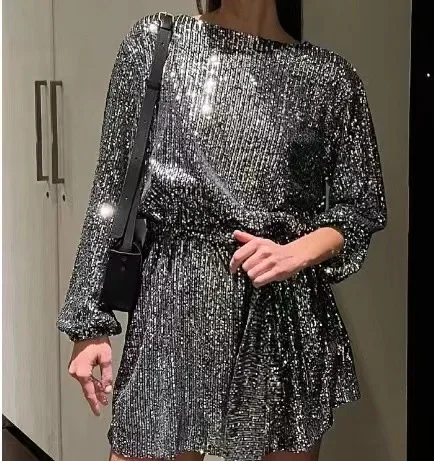 Vintage Glitter Sequin Evening Dress for Woman Fashion Holiday Party Prom Gowns  Cut Out Solid Color Long Sleeve Formal Vestidos