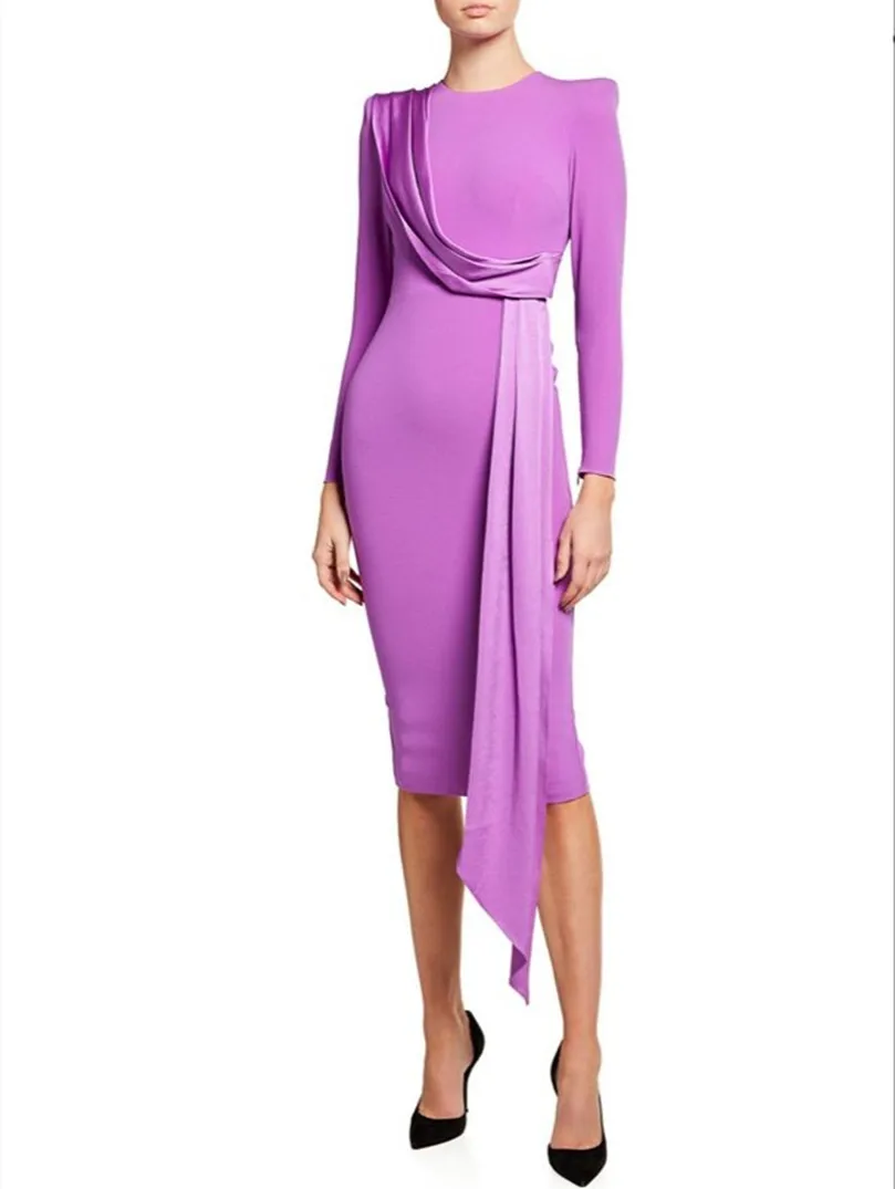 

Vintage Short O-Neck Evening Dresses with Ruffle/Slit Mermaid Crepe Pleated فساتين السهرة Tea Length Prom Dress for Women