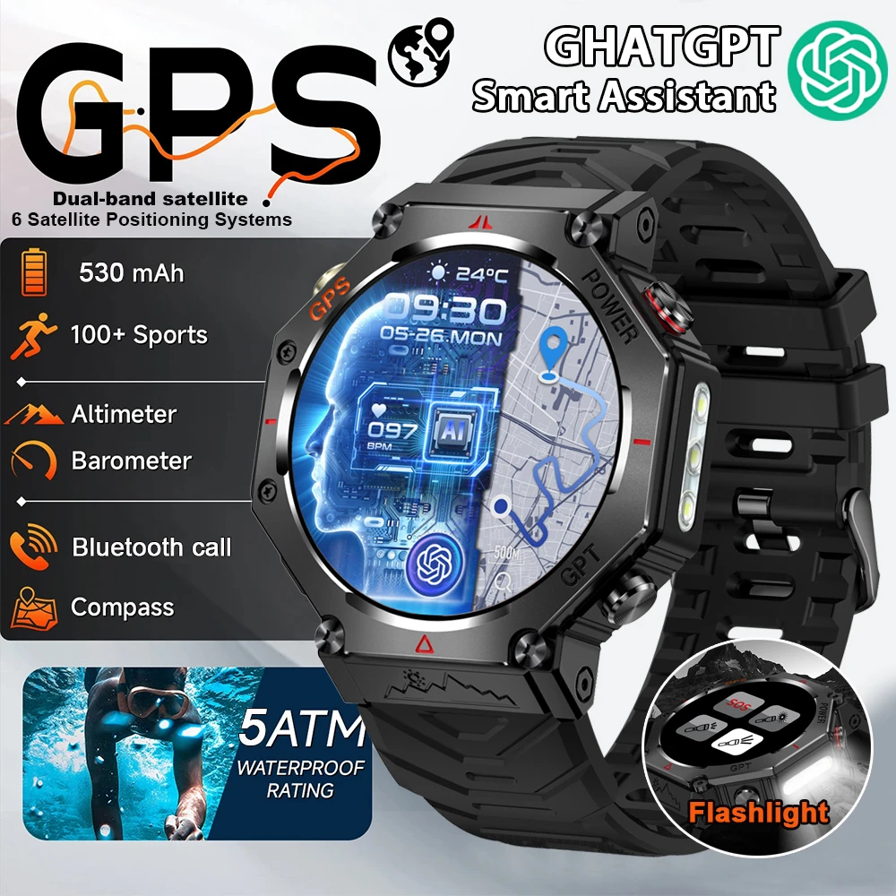

Смарт-часы ChatGPT с искусственным интеллектом, 5 атм, водонепроницаемые, с GPS, встроенным двухдиапазонным компасом GNSS, военные спортивные умные часы для мужчин и женщин