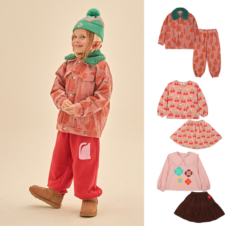 Children Clothes Outfit Set Korean JM Girls Pears Print Corduroy Jacket Pants Kids Cute T-shirt Skirt Suit Dress Sweatshirts