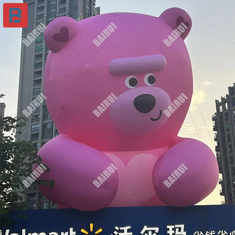 Modelo inflável de urso rosa fofo escalar na parede fora da fachada da parede do shopping mercado panorâmico adereços de iluminação romântica