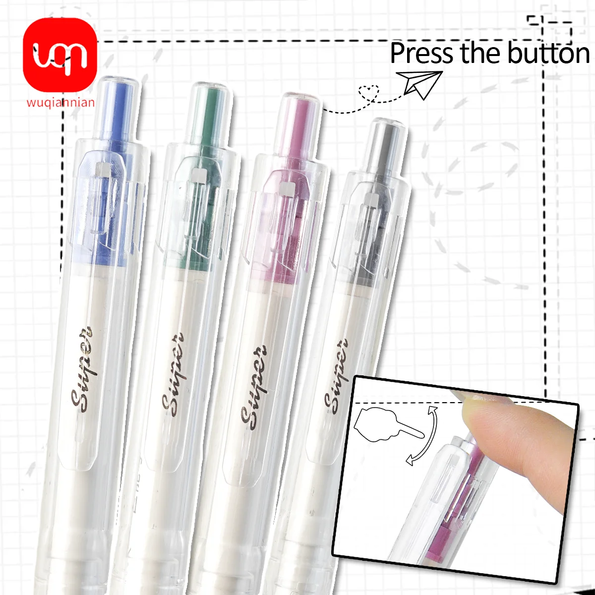 WQN-12pcs Large Capacity Colored Click Gel Pens, Quick-Dry and Smooth, for Exam Practice, Black Ink, Office Supplies