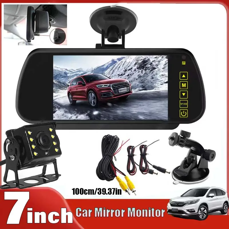 7inch Clip- On & Stick- On Installation Mirror Monitor+Heavy Duty 8LED Backup Camera Set Parking Assistant Vehicle Night Vision