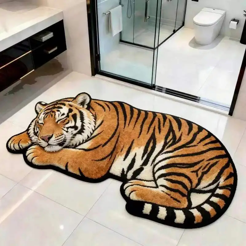 VIKAMA Realistic White Tiger Shaped Bath Mat Non Slip Absorbent Floor Rug Washable Creative Animal Bathroom Home Decor Mat