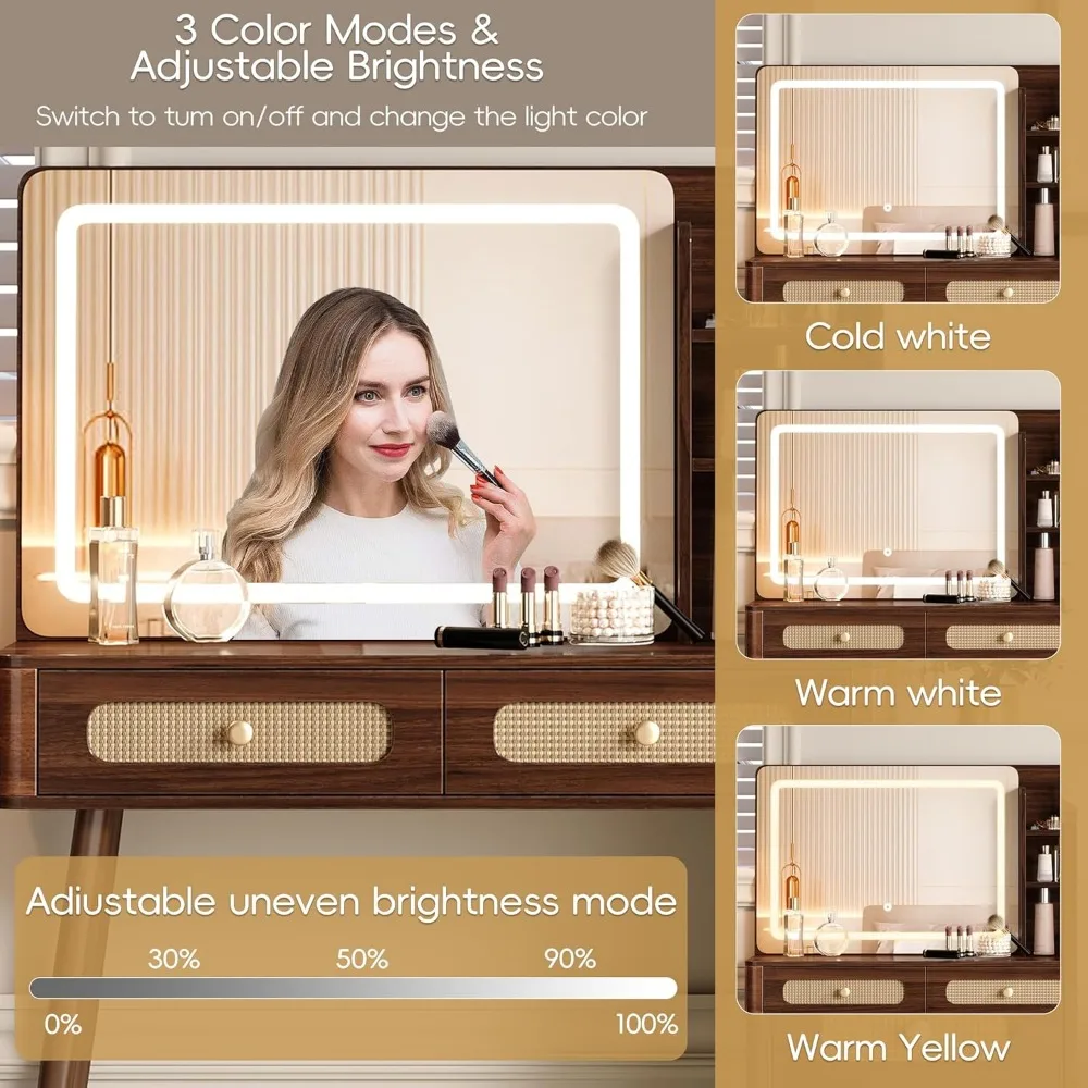 Туалетный столик для макияжа Vintage 47, зеркалом, подсветкой, 5 ящиков, полкой для хранения, стиль ротанга