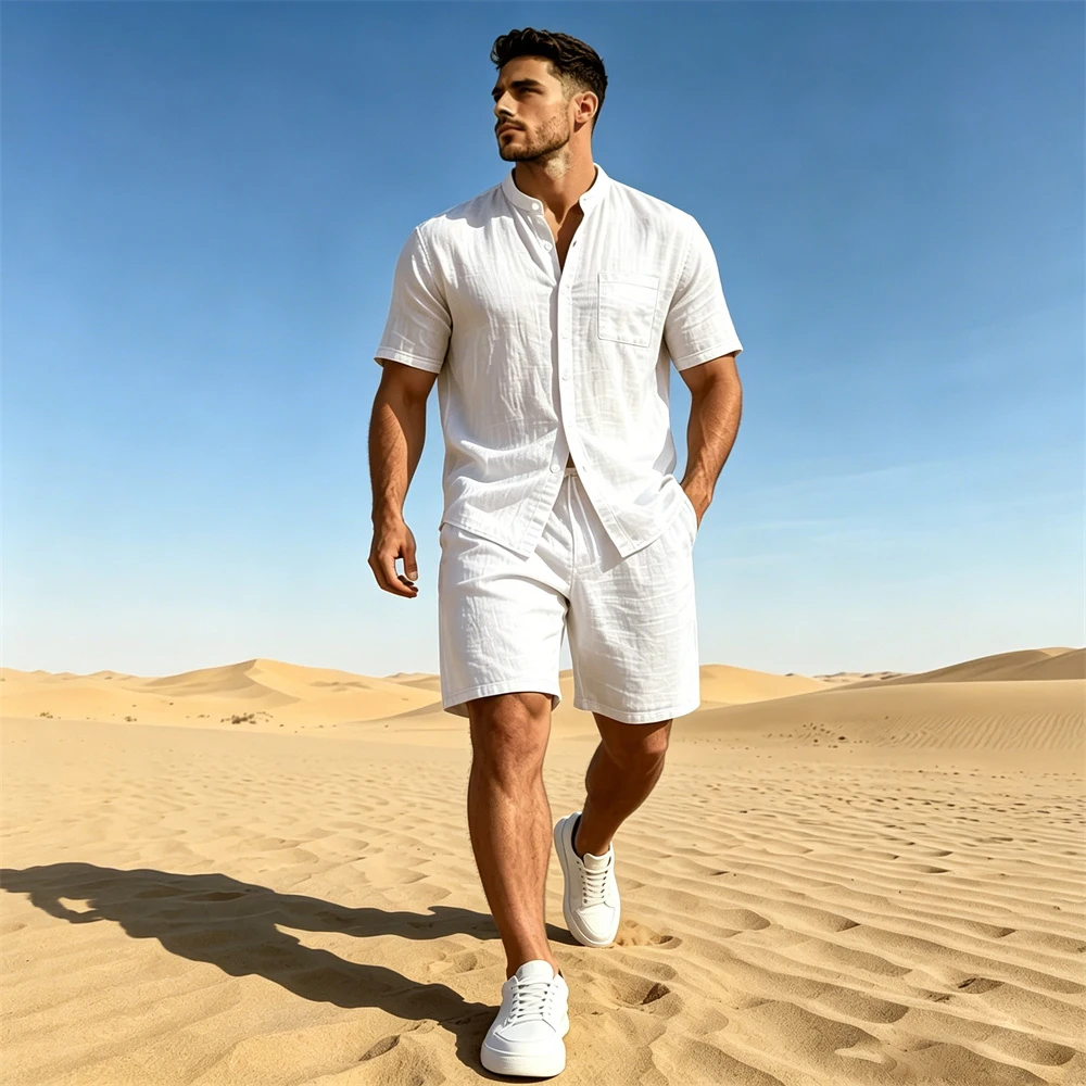 Herren Baumwoll-Leinen-Set Kurzarm Henley-Shirt Einfarbig Lässig Schlicht Locker Sitzende Kleidung Männer Hemd Shorts 2-teiliges Outfit