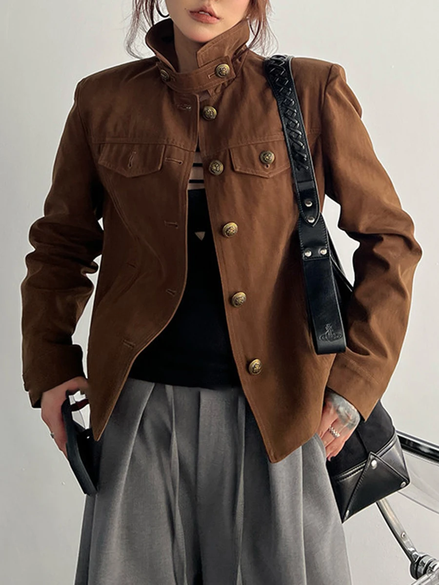 TWOTWINSTYLE Vintage Stand Collar Women Jackets Long Sleeve Button Casual Basics Loose Jacket for Streetwear Summer Fashion New