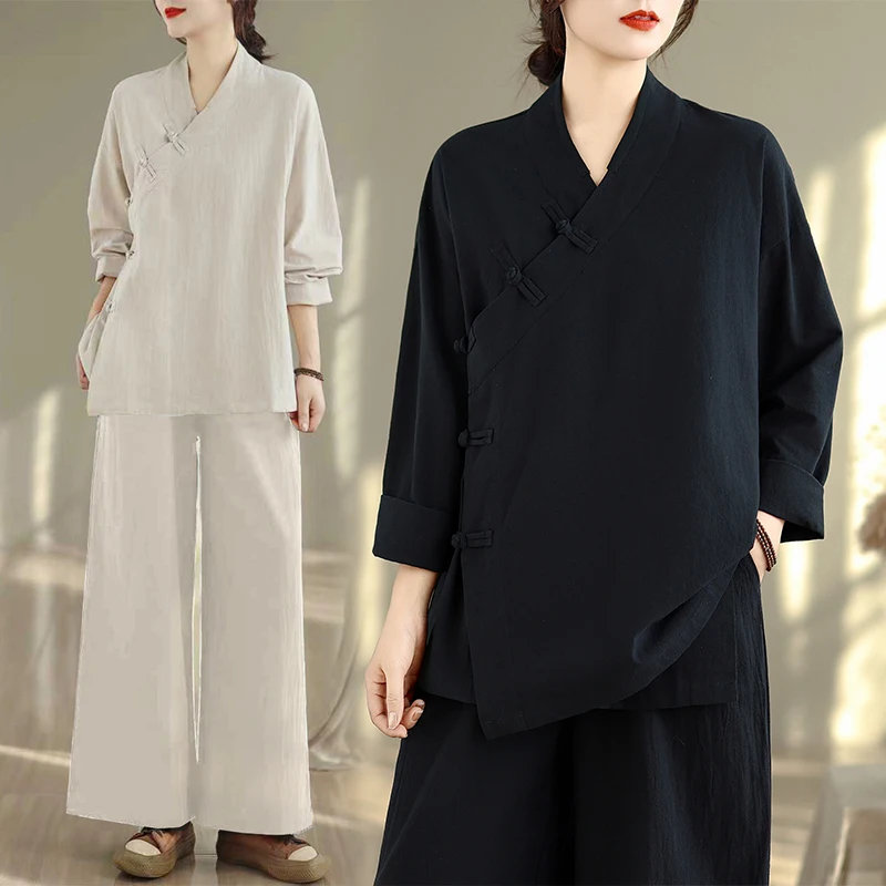 New Chinese Style Women's Tai Chi Shirt Long Sleeve Cotton Linen Open Cardigan Zen Study Home Clothes Tea Set Thin
