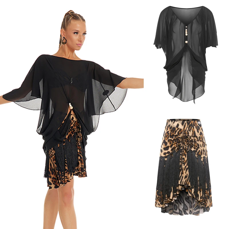 

2025 New Rumba Latin Dance Clothes For Women Sexy Mesh Top Leopard Tassels Skirts Adults Ballroom Dance Competition Wear SL13642
