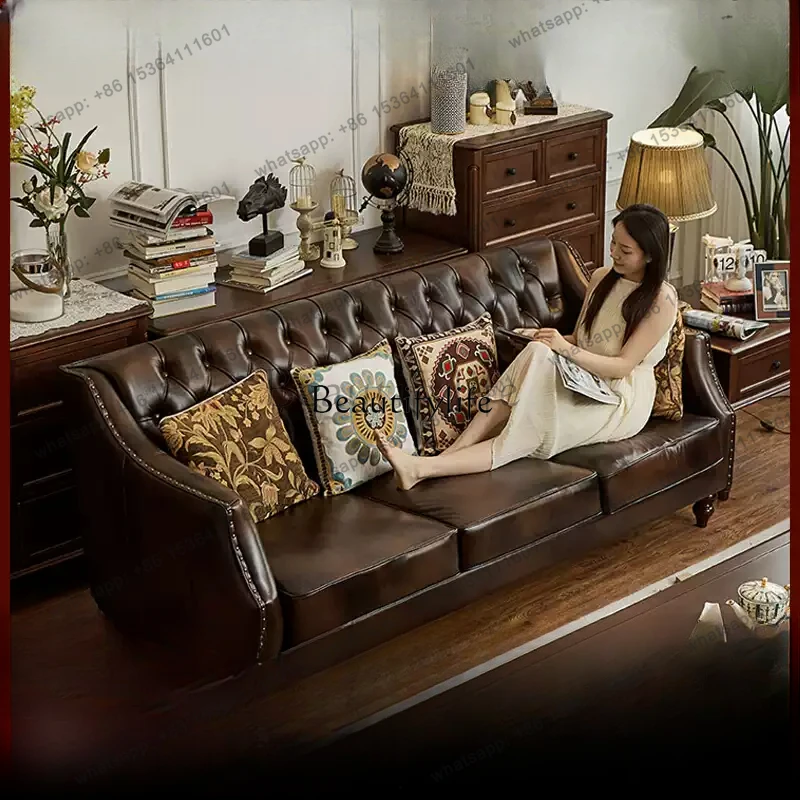 pg45American rural retro first-layer real cowhide sofa single and double three-position pull-up leather sofa