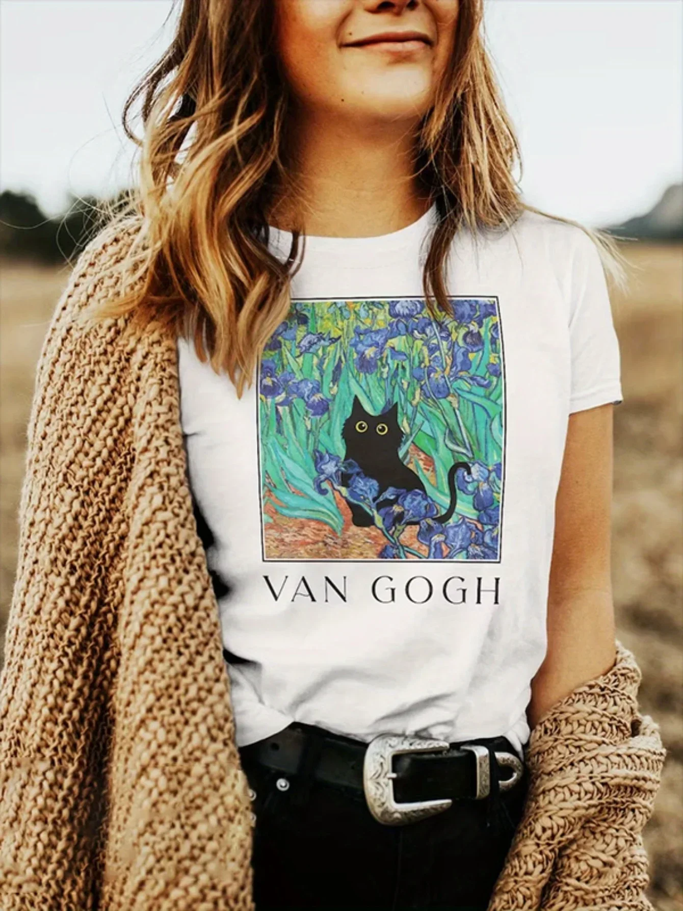 

Женская футболка в стиле масляной живописи с рисунком черного кота в стиле Харадзюку, подходящая для повседневной универсальной женской футболки