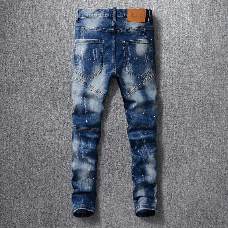 Fashion Designer Men Jeans Retro Washed Blue Elastic Slim Painted Ripped Jeans Men Spliced Hip Hop Vintage Denim Pants Hombre