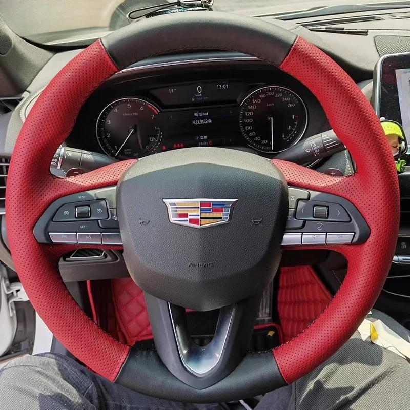 

For Cadillac CT5 XT5 XT4 ATSL CT6 XT6 CT4 Auto Parts hand-stitched non-slip black red genuine leather car Steering Wheel Cover