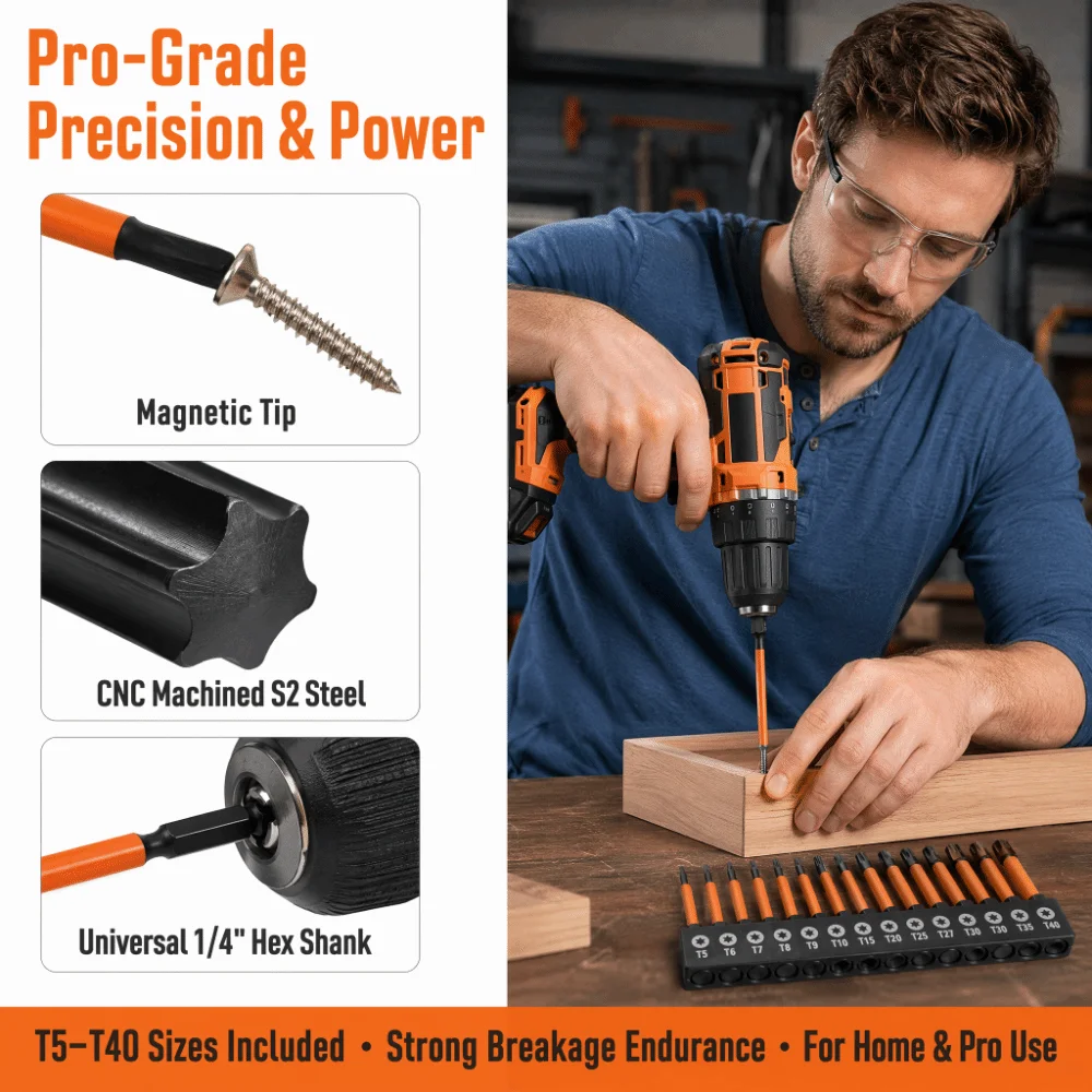 13pcs Magnetic Head Screwdriver Bit Set S2 Alloy Steel 6-Point Star Impact Driver Bit Set CNC Machined Tips 6-Inch Length