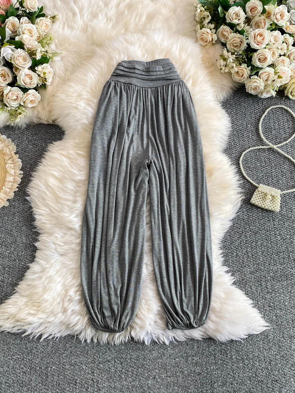 Casual High Waist Wide Leg Pants Women's Base Layer Belly Support Spring Autumn Small Size Versatile Lazy Pleated Cuffed Pants