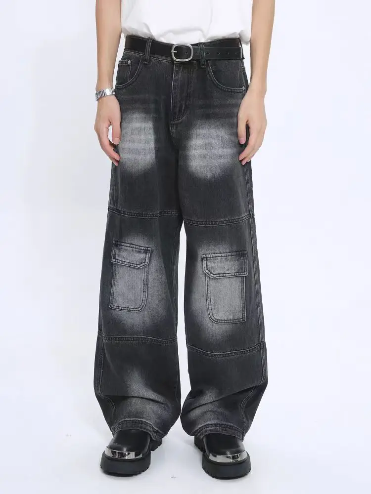 الرجال الدنيم السراويل الجينز تقسم بنطال ذو قصة أرجل واسعة طويلة جان المرقعة جيوب الشارع الشهير منتصف الخصر غسلها المتعثرة بانت خمر