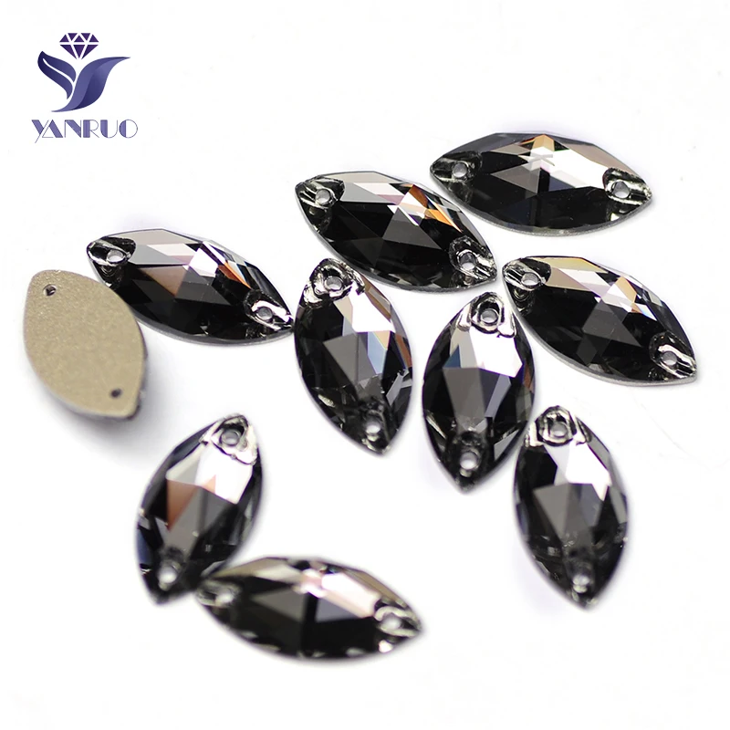 YANRUO 3223 All Sizes Black Diamond Sew On Crystal Navette Shape Strass Rhinestone Flatback