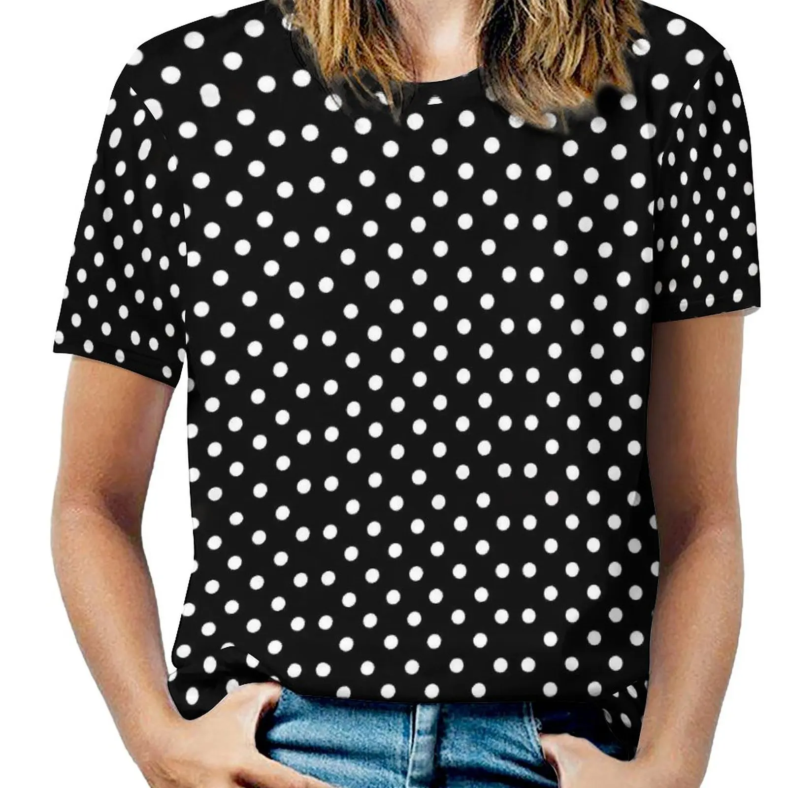 Black White Polka Dots T-Shirt O Neck Retro Print Big Size T-Shirts Short Sleeve Basic Tees Womens Sexy Pretty Design Clothing