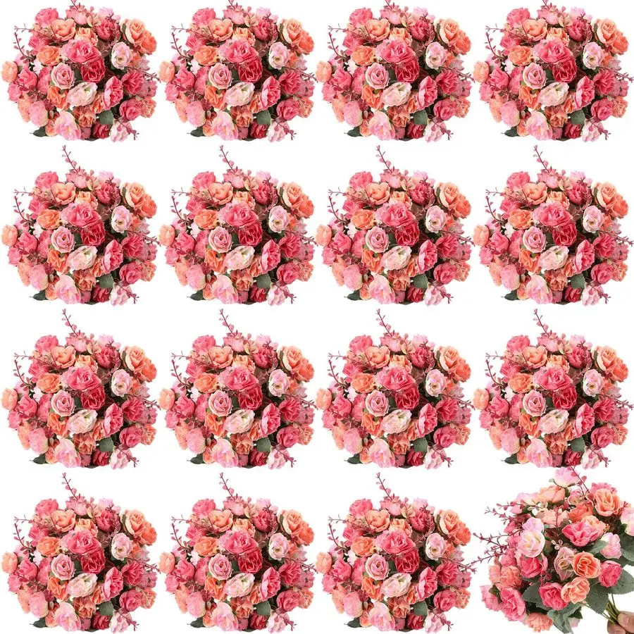 

16 Pcs Rose Artificial Flowers Fake Flowers Bouquet 21 Heads Silk Faux Floral Bundles with Stem for Home Bridal Wedding Arrangem