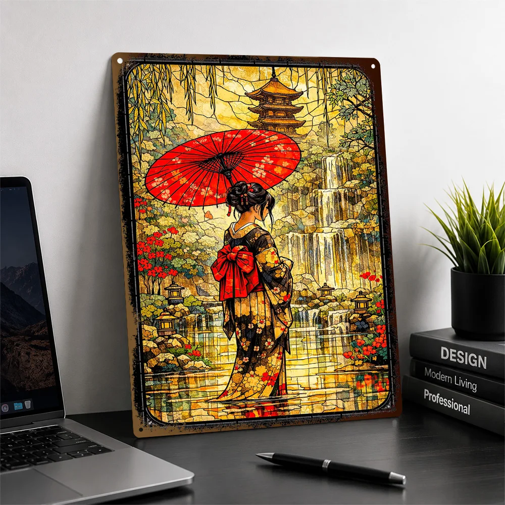 Woman In Kimono By Waterfall Textured Poster Personalized Metal Tin Sign Magical Adventure Wall Art Ideal For Creative Studios