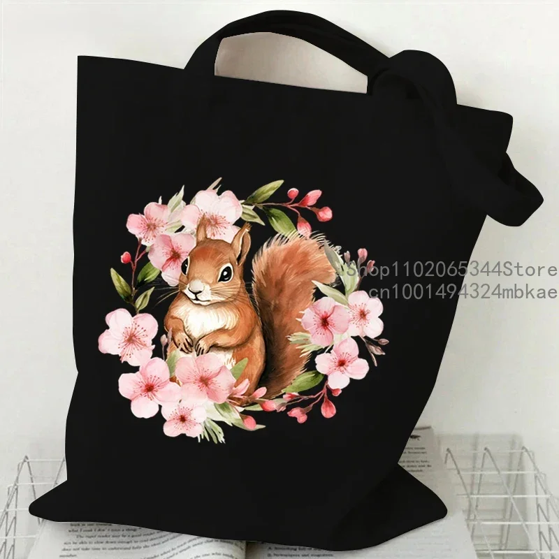 Cute Cherry Blossom Squirrel Print Women Men Shoulder Bags Teenager Cartoon Animal Fashion Trend Travel Beach Bag Female Handbag