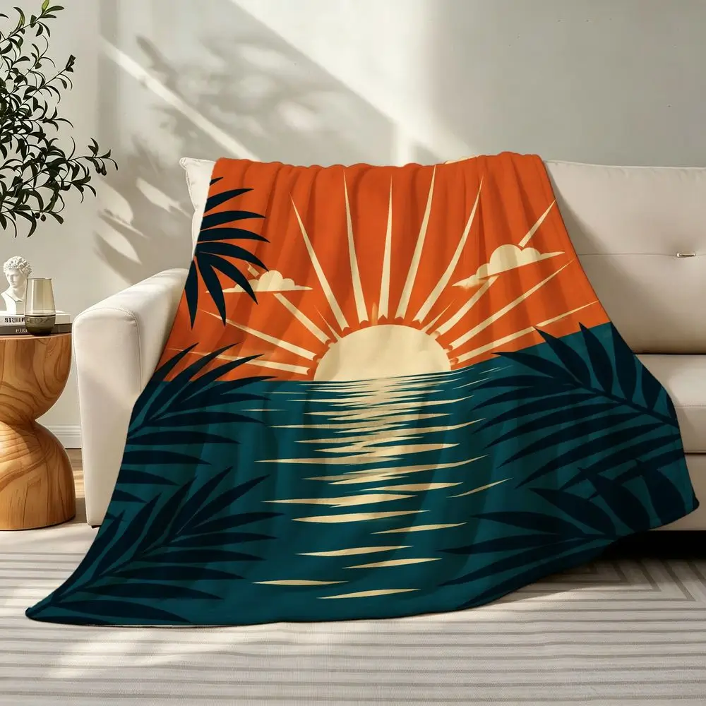 Boho Tropical Sunset Throw Blanket Ocean Beach Coastal Aesthetic Decorative Palm Leaf Cozy Bed Home Decor