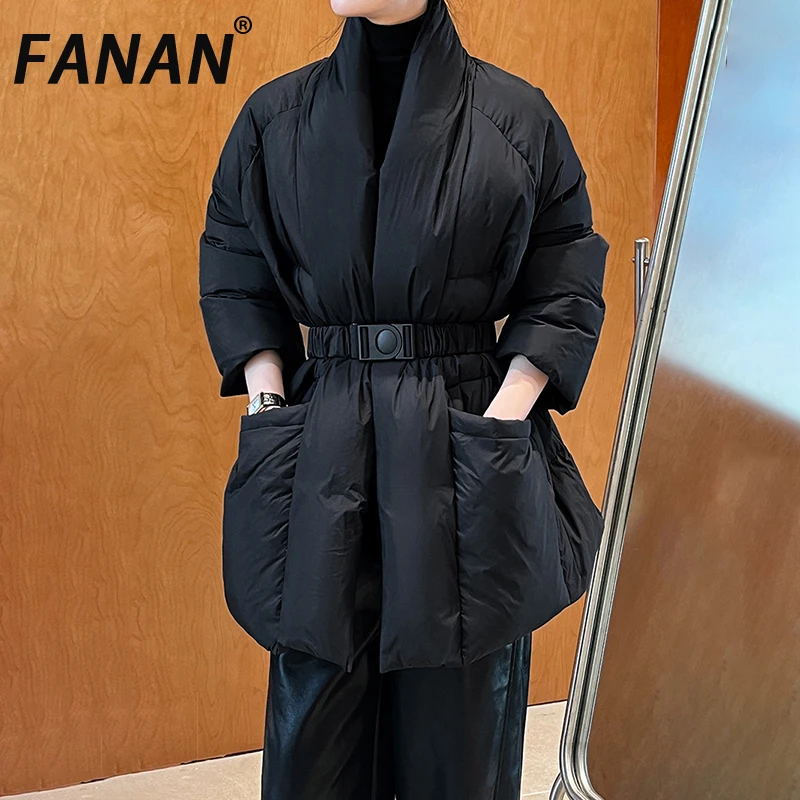 

FANAN модное пальто на хлопковой подкладке, женское пальто с v-образным вырезом, свободные большие карманы, пояса, толстая теплая куртка, новинка зимы 2020, женская верхняя одежда