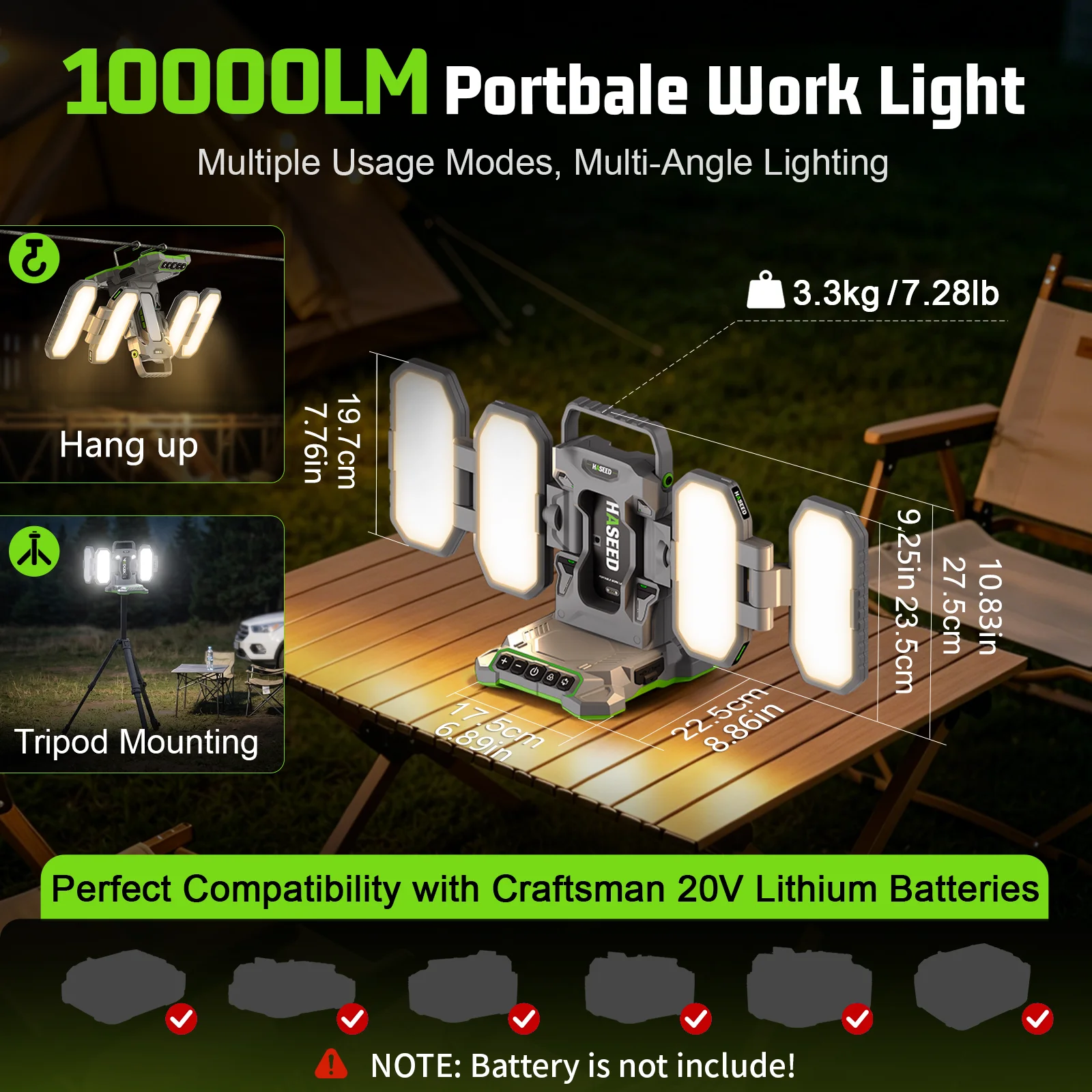 10000LM LED Work Light Compatible with Crafts-man 20V, 360° Lighting, Adjustable Brightness/CCT, Battery/Type-C Powered & 2 Outputs for Construction Camping