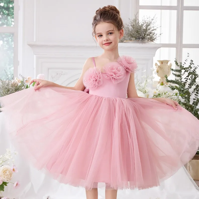 فستان فتاة الزهور الوردي الزهور ربطة القوس فيونكة حفلة عيد ميلاد الأطفال مأدبة فستان أداء الكمان