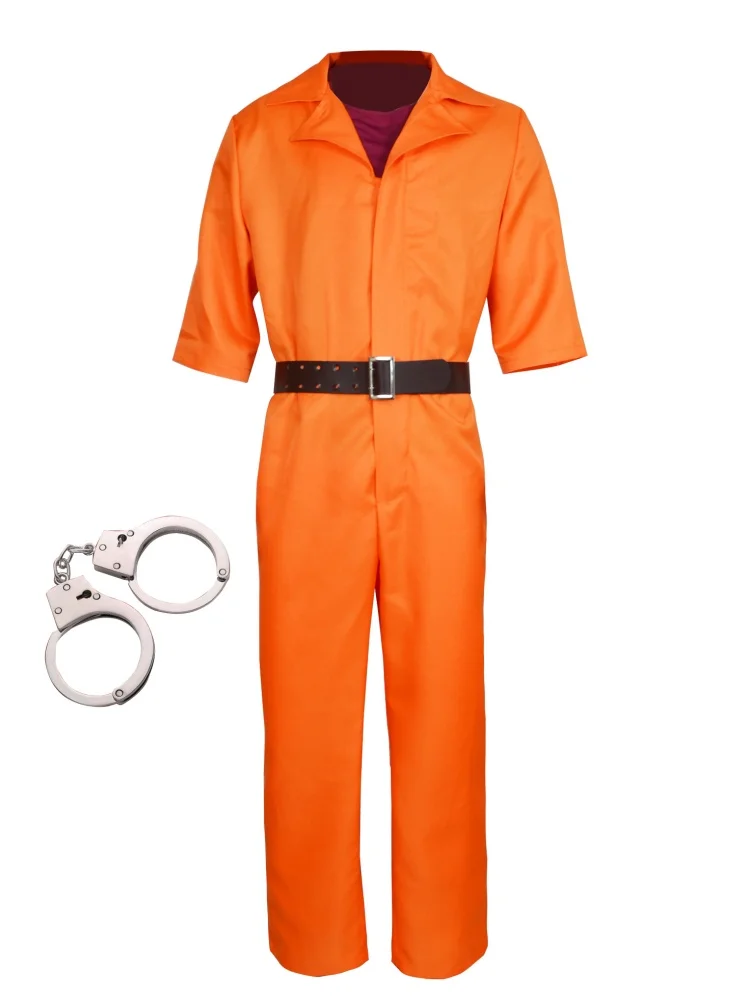 Luigi Cosplay Costume Prison Inmate Orange Set Long Sleeves Jumpsuit Belt Handcuffs CEO Killer Prison Party Costume Outfits