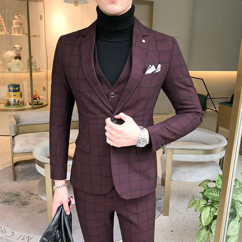 Men Dress Blazers Pants Vest 3 Piece Set / Male Wedding New 2023 Autumn Business Formal Plaid Suit Luxury Slim Fit Coat Trousers