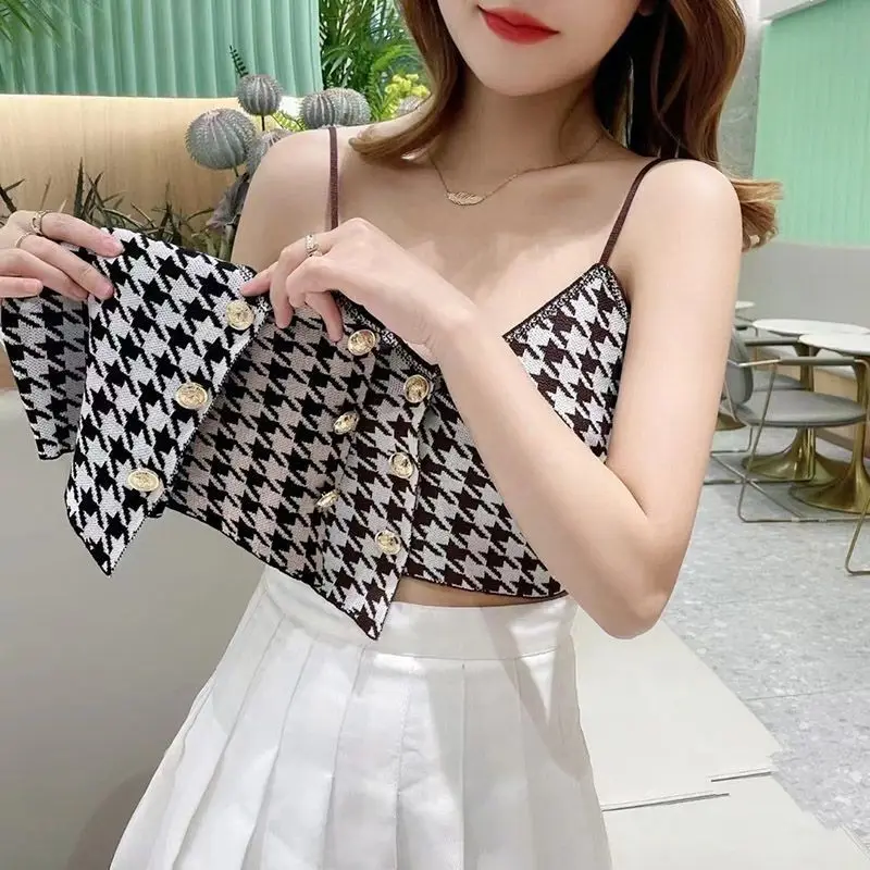 Spring Summer Temperament Houndstooth Top Tee Female Fashion Buttons Irregular Knitting Sling Camis 2024 New Fashionable Tops