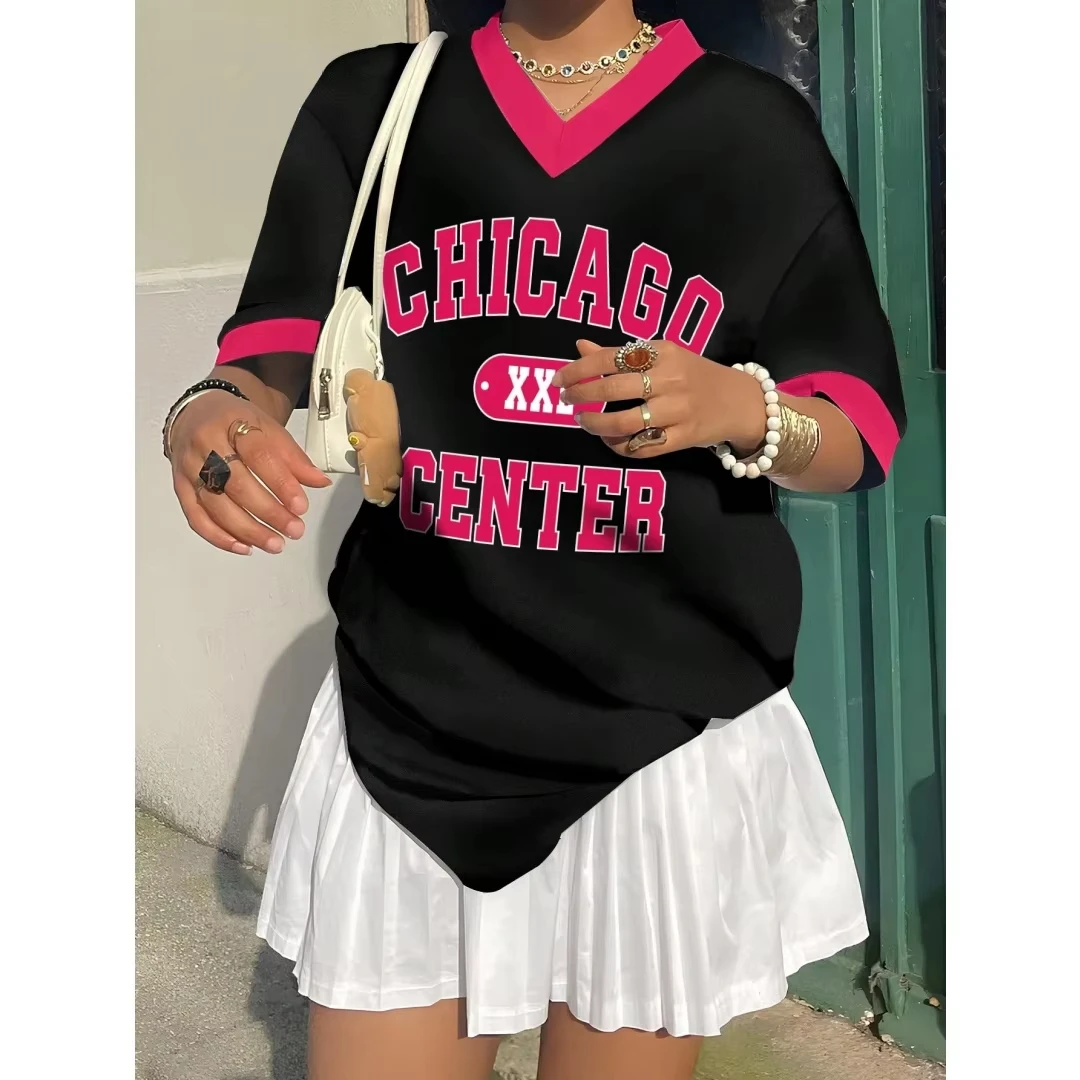 2026 Sommer Neu Los Angeles 79 Print Streifen T-Shirt für Damen V-Ausschnitt Kurzarm Sport Fußballtrikot Y2K Locker Übergroßes Oberteil – Detail 11