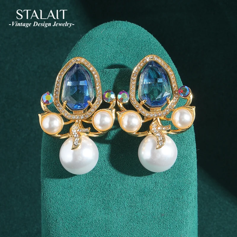 

Vintage Luxury Gold Color Blue Crystal Stud Pearl Earrings Freshwater Party Jewelry Dress Accessories Jewelry Woman 2025 Trends