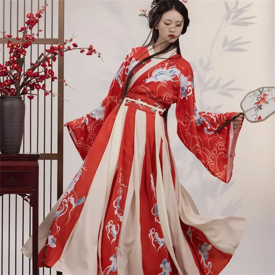 Зеленый красный летний костюм Hanfu, женское традиционное китайское Старинное платье, Восточная принцесса, элегантная танцевальная одежда династии Тан