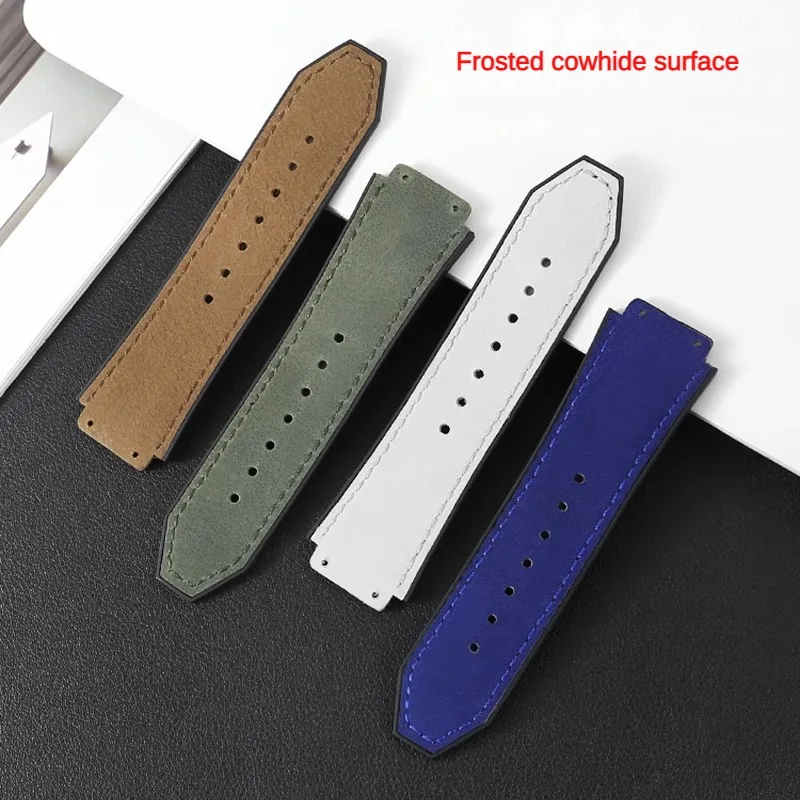 Matte Leather Watch Strap Substitute Hublot Big Bang Series Convex Interface Cowhide Silicone Bottom Watchband 25-19mm